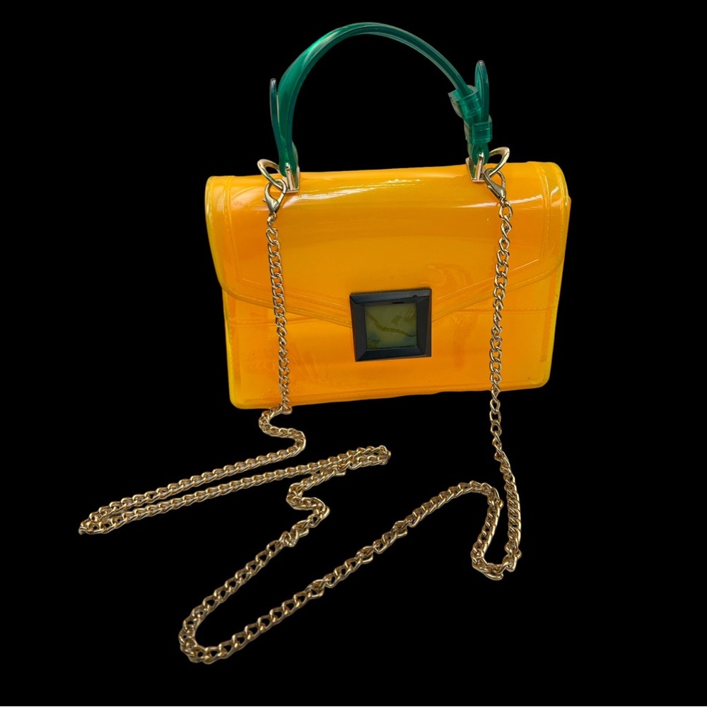 Orange Micro Jelly Handbag with Green Handles and Gold Chain Strap